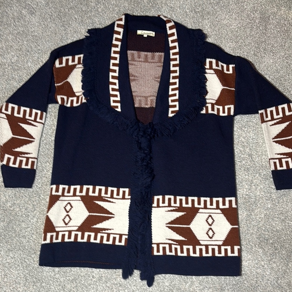 Cocogio sweater chunky open frontItalian wool cardigan fringe navy Aztec small